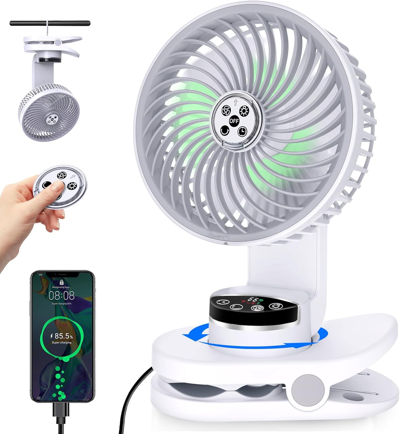 TDONE 8 Desk Fan | 9 Speeds, Rechargeable Battery, Atmosphere Light