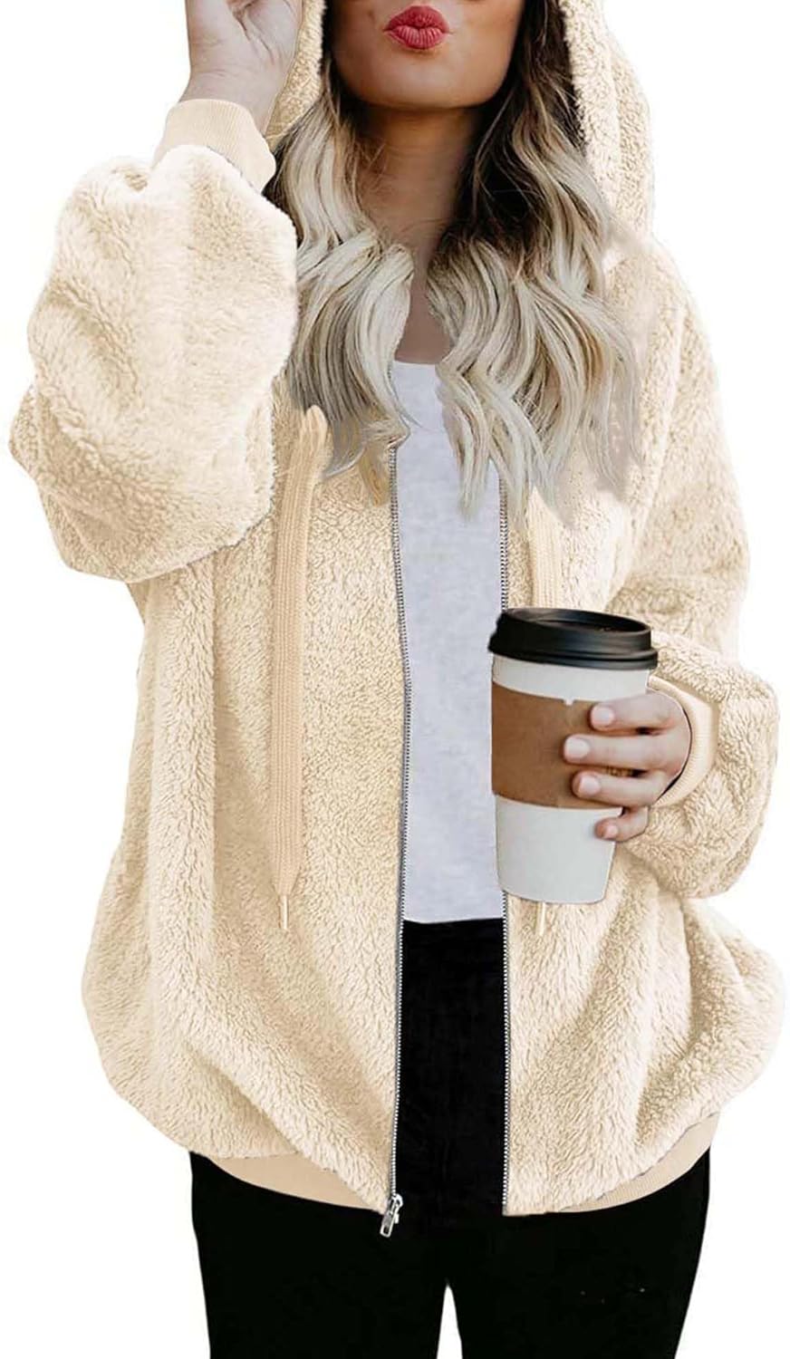 ReachMe Womens Oversized Sherpa Jacket Fuzzy Fleece Zip Up