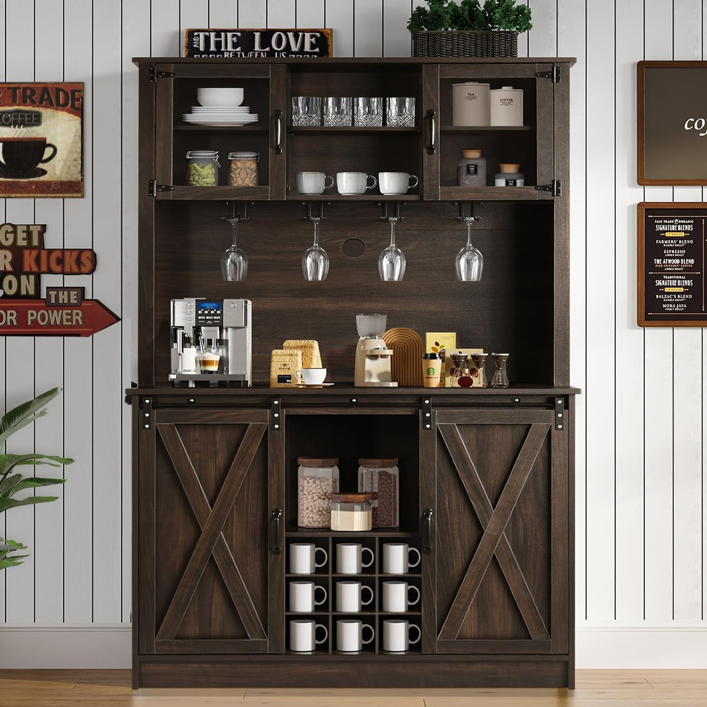 Farmhouse Coffee Bar Cabinet with Glass Doors & Wine Racks