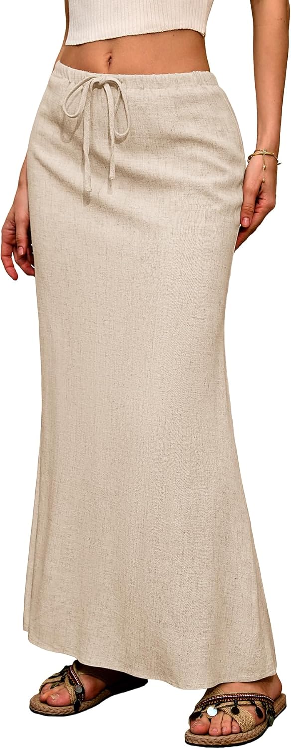 ELLEVEN Linen Flared Maxi Skirt with Back Slit for Summer Style