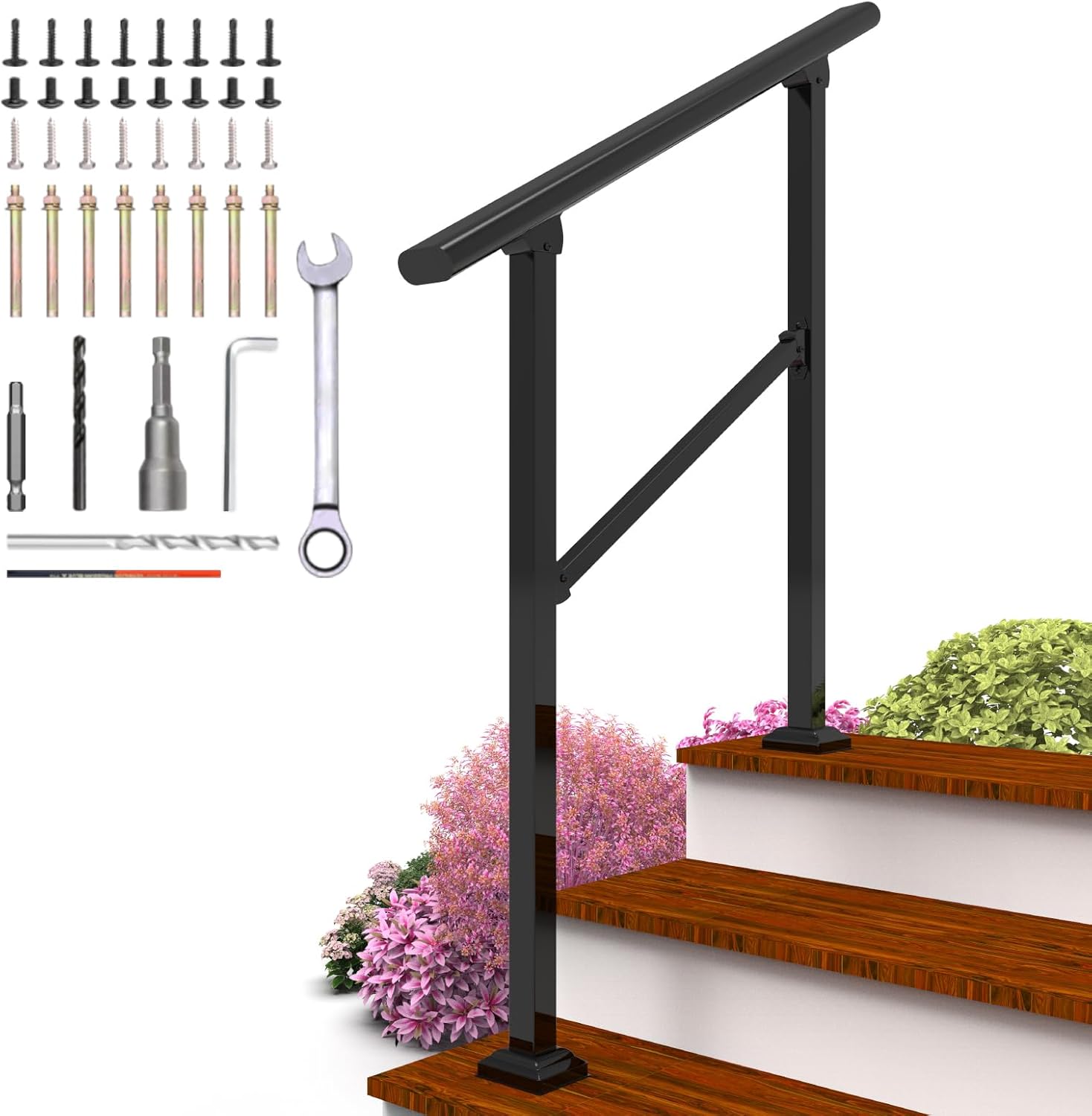 Hand Rails for Outdoor Steps - Durable Wrought Iron Railing Kit
