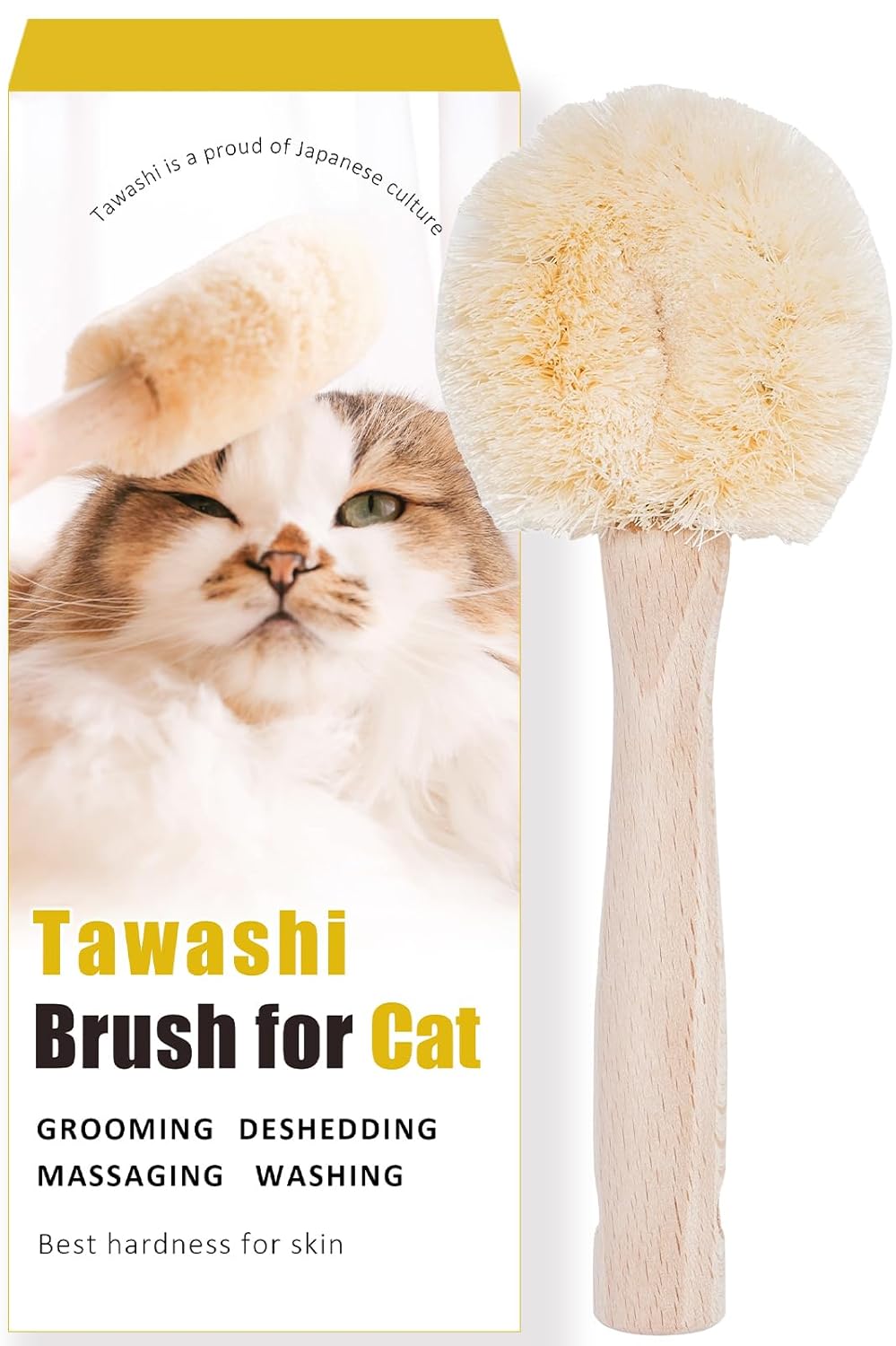 Cat Grooming Tawashi Brush with Wood Handle for Relaxation
