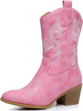 Women's Mid Calf Cowboy Boots Vegan Leather - Chunky Low Heel