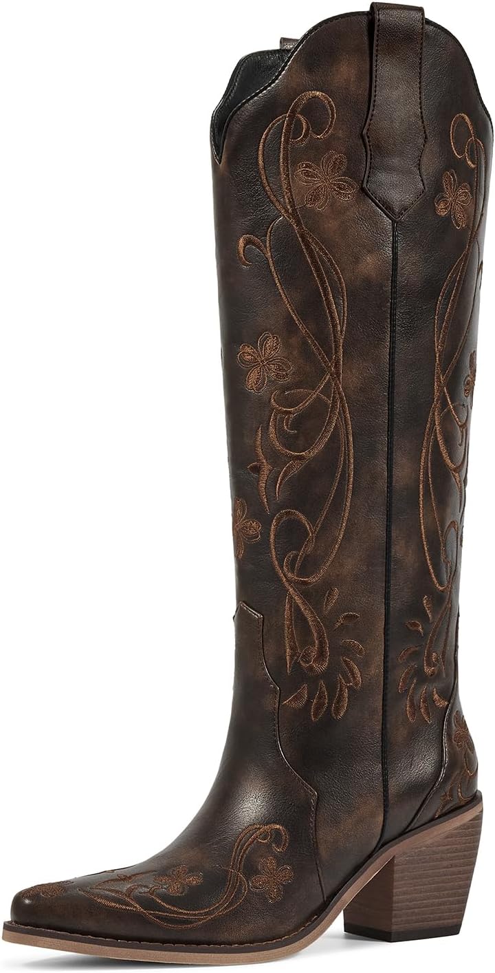 Stylish Knee High Cowboy Boots for Women with Floral Embroidery