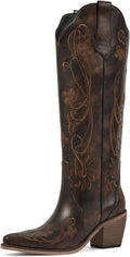 Cowgirl Knee High Boots for Women - Floral Embroidered Pointed Toe
