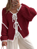 Tie Front Bow Cardigan Sweater - Chunky Knit Puff Sleeve Cardigan S=US