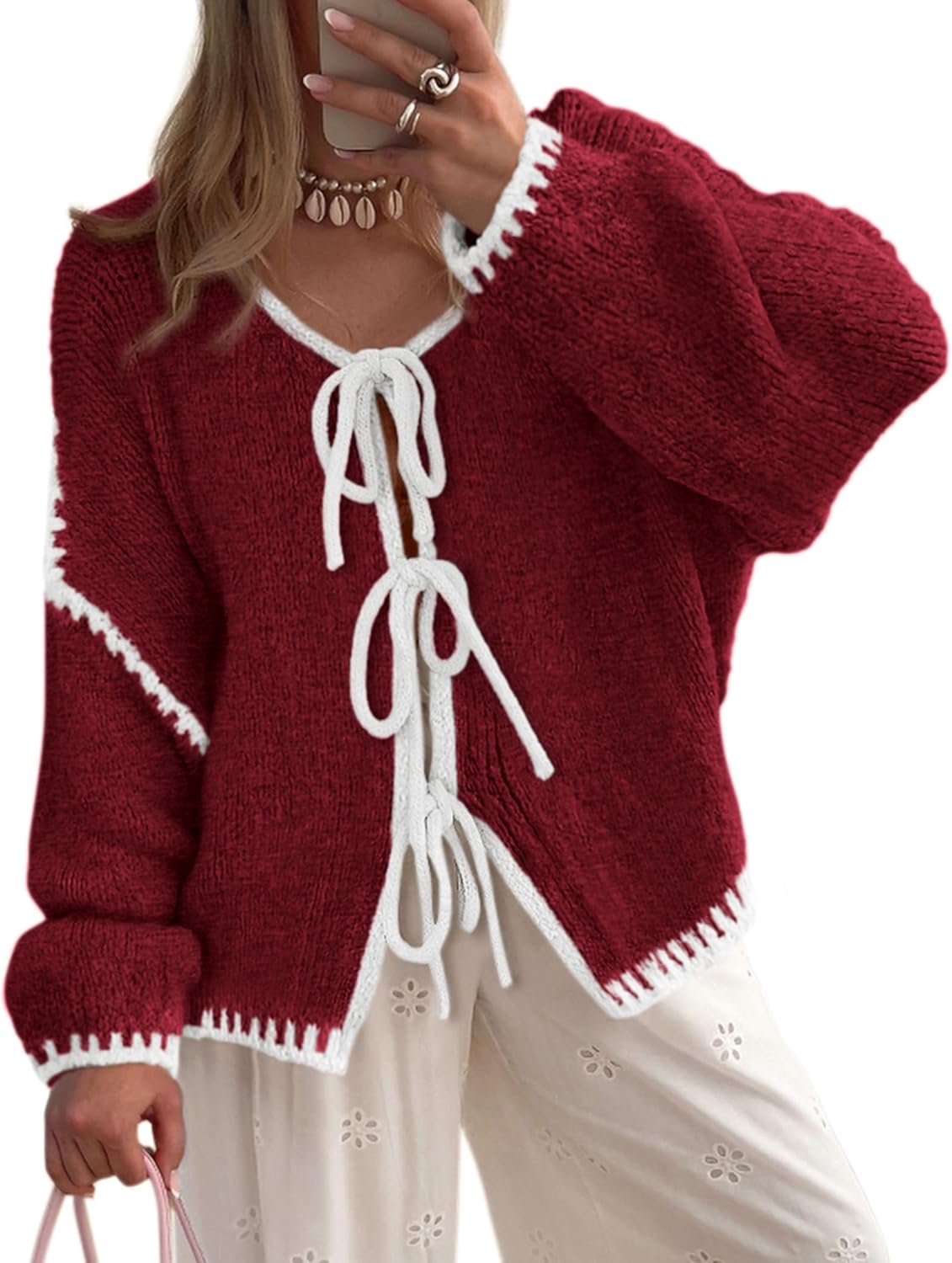PRETTYGARDEN Women's Tie Front Bow Cardigan Sweater for Fall