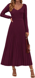 Women Sweater Dress Ribbed Knit Pleated A-Line Maxi - Fall 2025