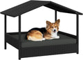 Wicker Dog House Outdoor Indoor with Canopy - Elevated Shade Bed