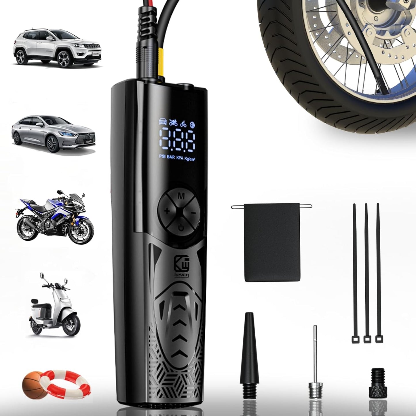 Kewig 100W Portable Air Compressor - Rapid Inflation for Motorcycle/Car Tires