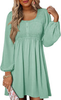 Womens Smocked Crewneck Button Up Empire Waist A-Line Mini Dress