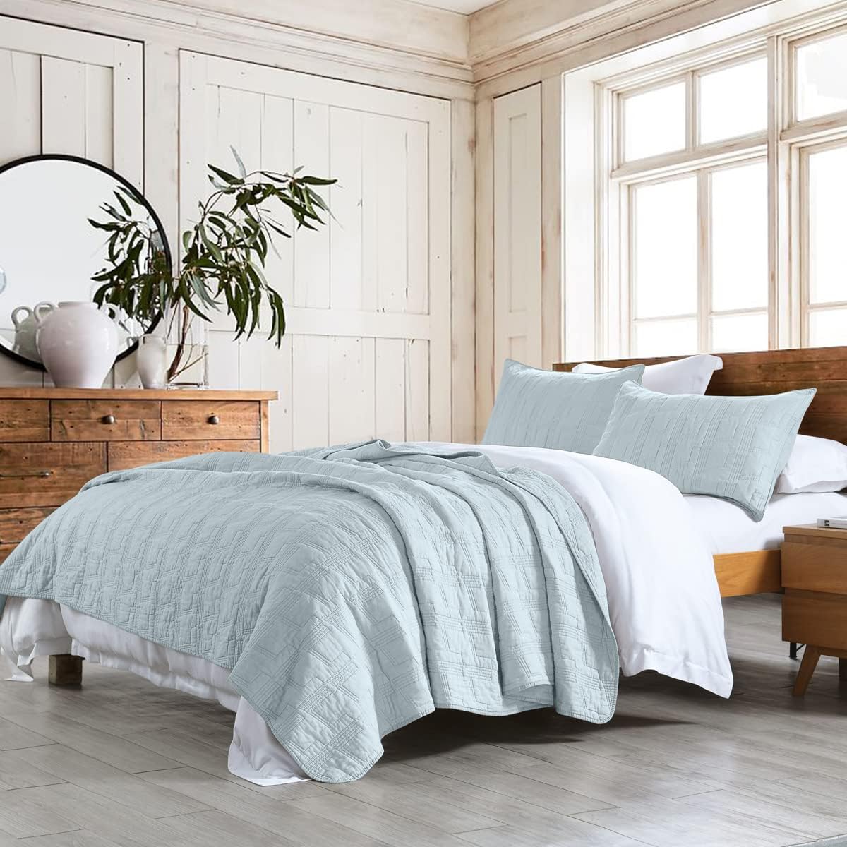 100% Cotton Quilt Set Queen Size in Baby Blue for All Seasons