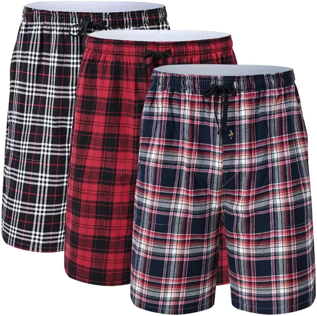 Men's Cotton Plaid Sleepwear Shorts - 3-Pack Woven Pajama Set