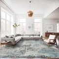 Abstract 9x12 Washable Rug - Soft Distressed Blue Area Rug for Living