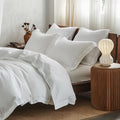 Queen Linen Duvet Cover Set with Embroidered Detail - White
