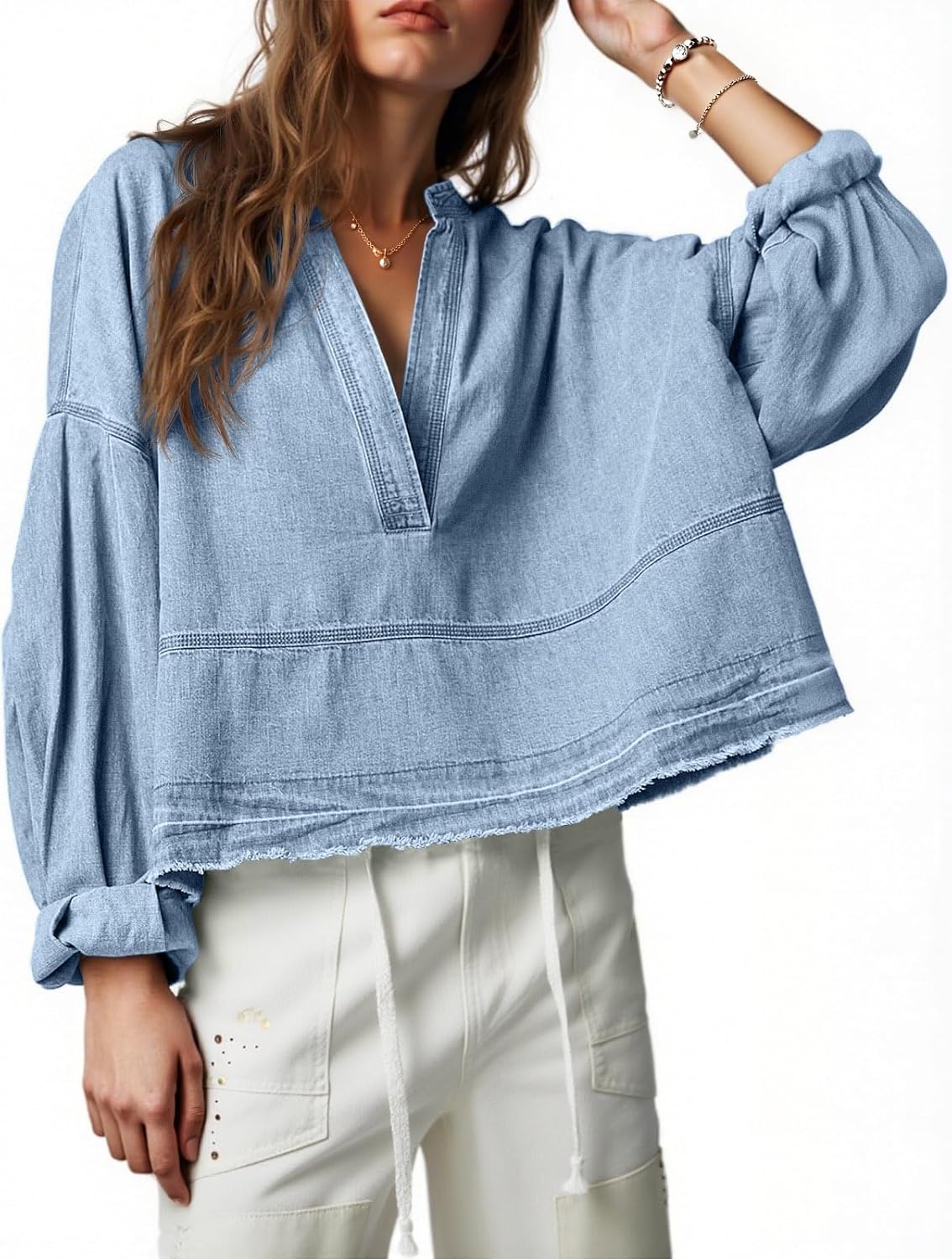 PLNOTME Womens Denim Tops Pullover for Trendy Casual Style