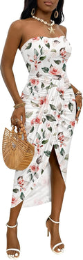 Umenlele Women's Strapless Ruched High Waist Wrap Split Maxi Dress