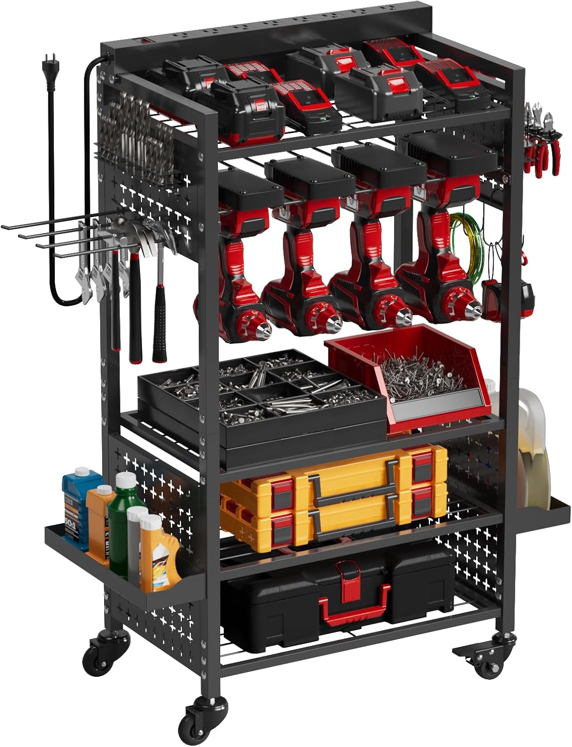 Power Tool Organizer Cart with Charger Ports for Efficient Storage