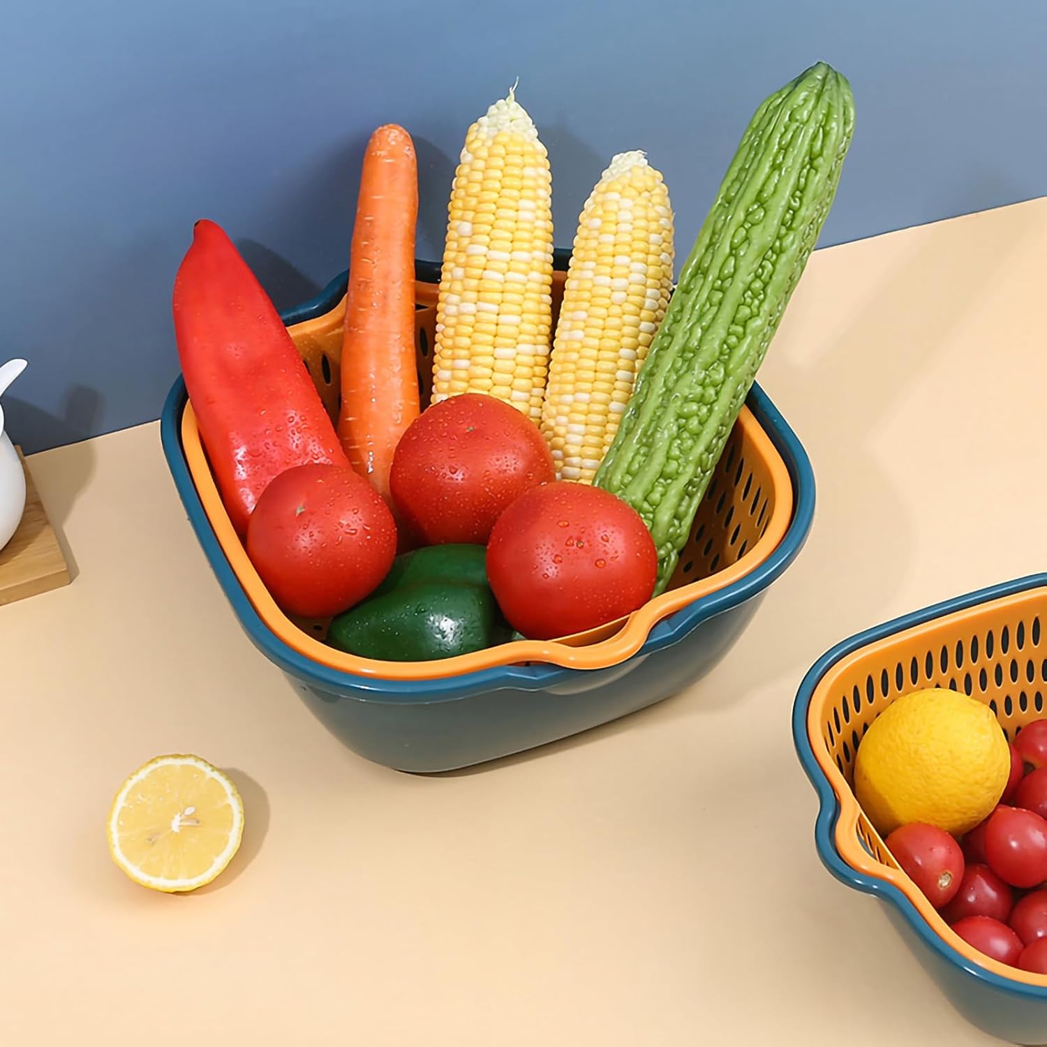 Double Layer Fruit & Vegetable Wash Bowl - Side Handle, Blue/Yellow