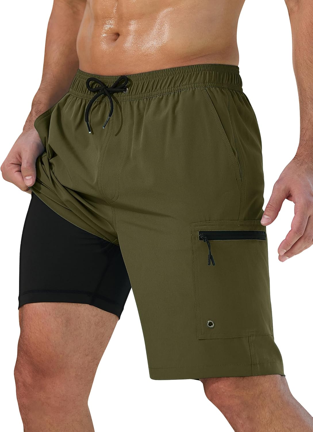 Mens Swim Trunks with Compression Liner and Zipper Pockets