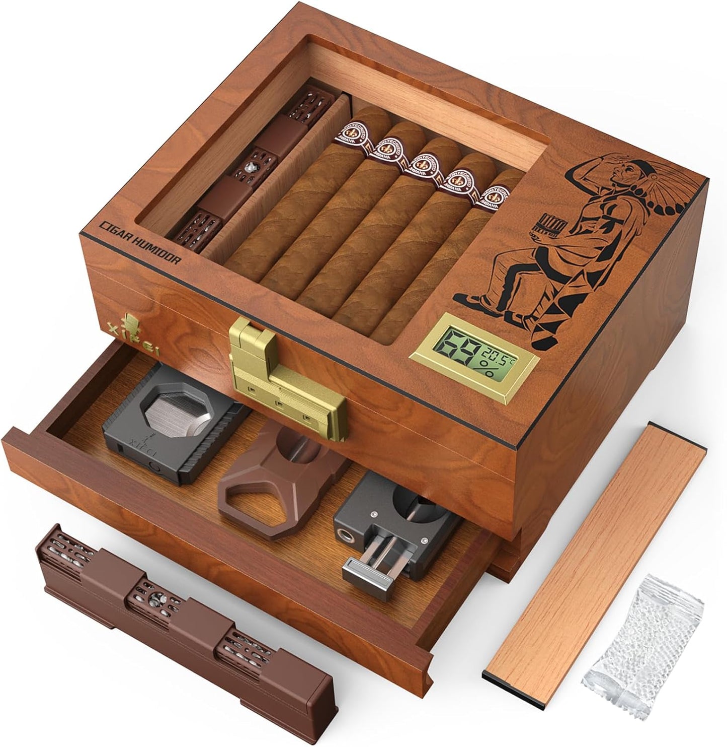 XIFEI Cigar Humidor Box with Digital Hygrometer and Lock