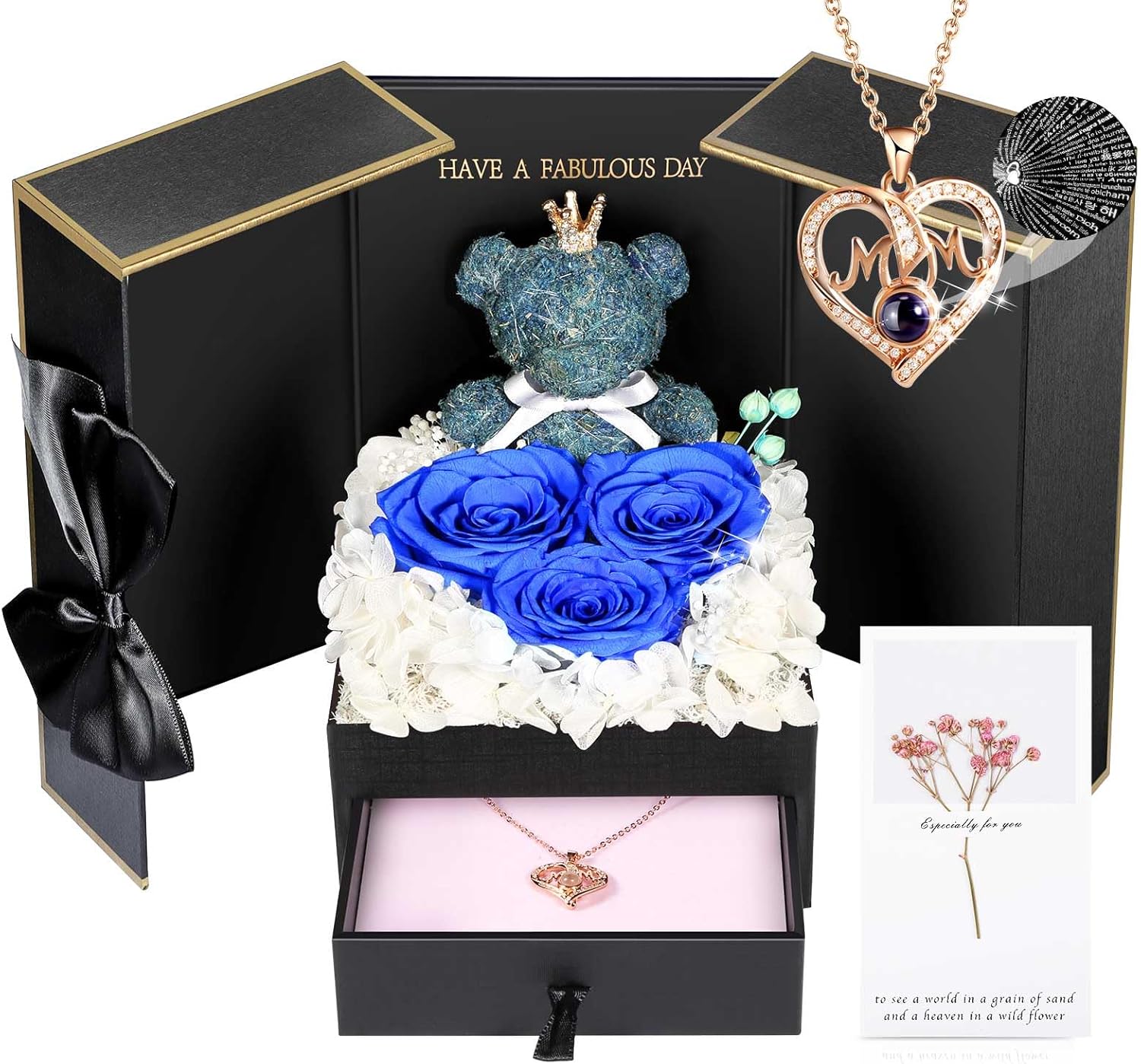 Unique Mother Birthday Gift with Preserved Roses and Necklace