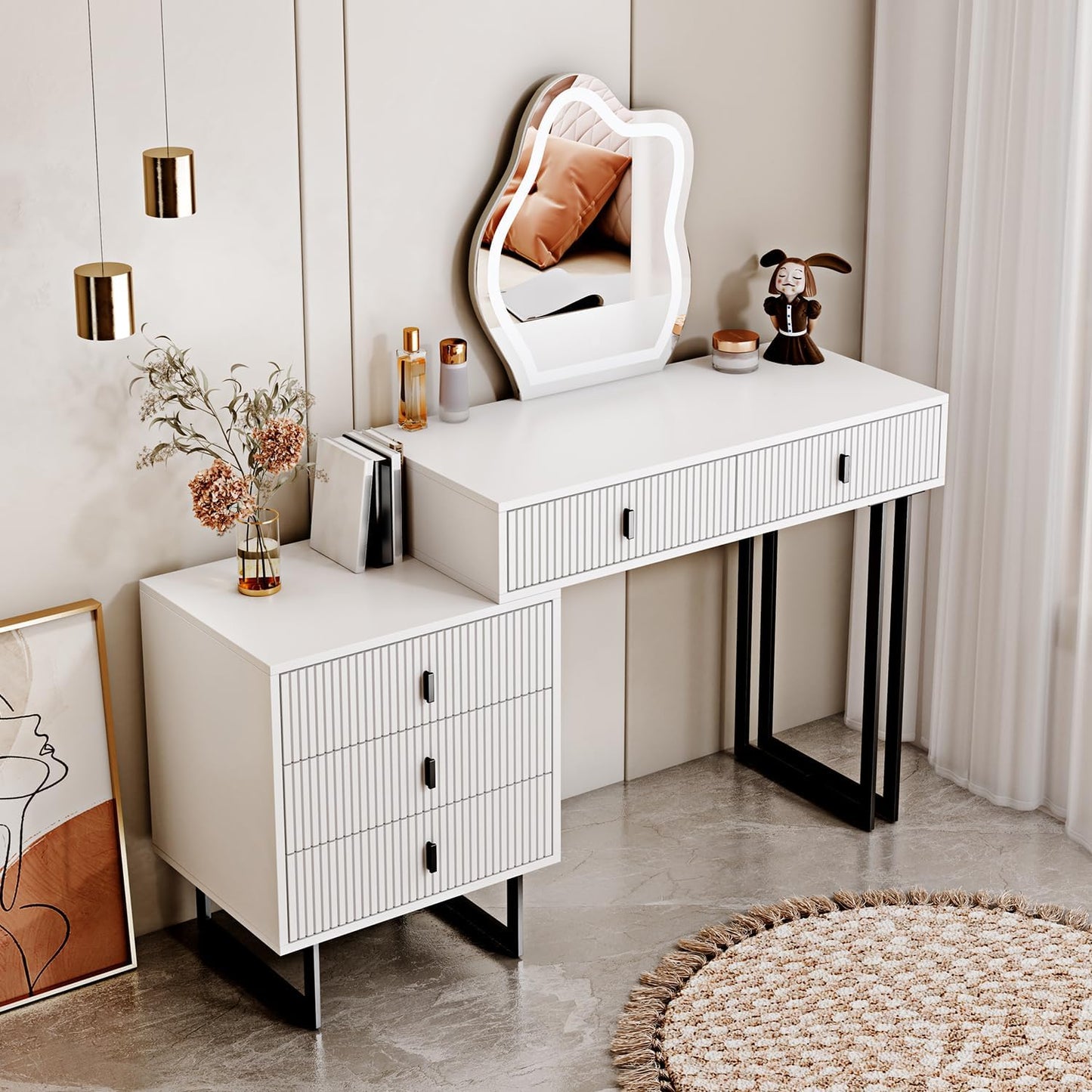 Modern White Vanity Desk with Lights