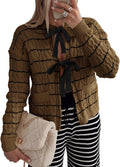 Striped Tie Front Cardigan Sweater - Cute Knot Crewneck Cardigan