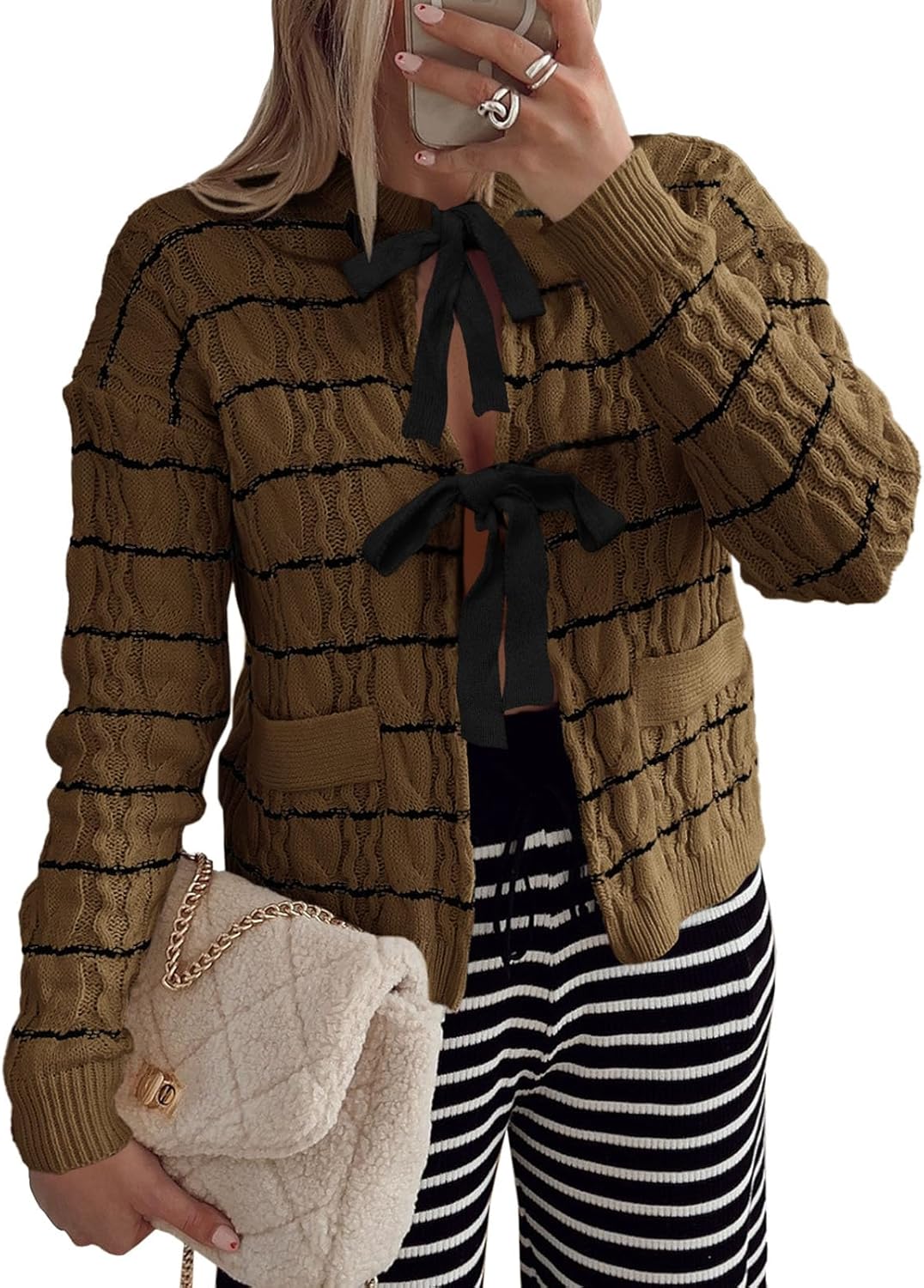 Trendy Womens Striped Tie Front Cardigan Sweater for Fall