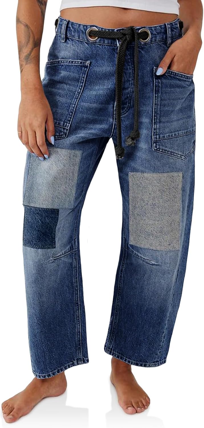 PLNOTME Womens Baggy Barrel Horseshoe Jeans with Pockets