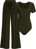 Womens Casual 2 Pieces Outfits - Comfortable Ribbed Knit Lounge Set