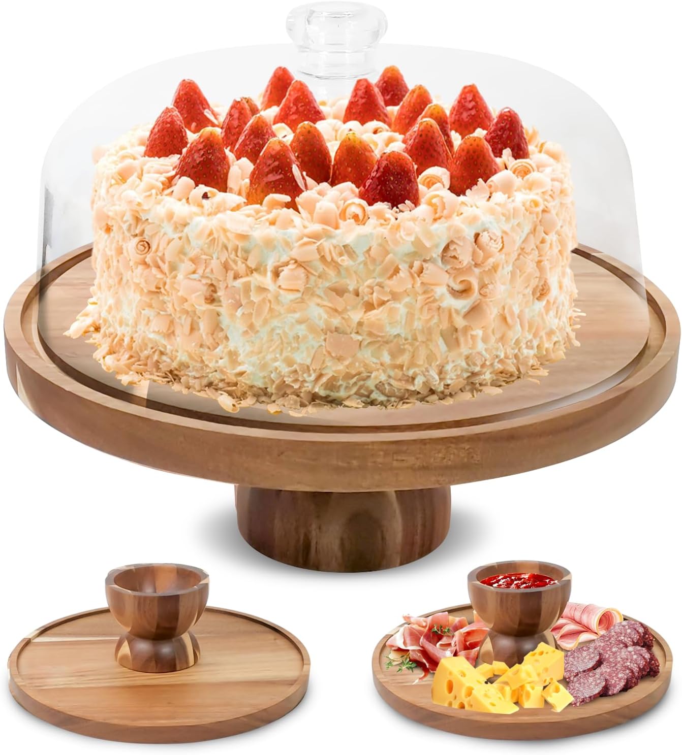 Acacia Wood Cake Stand with Lid - 12in Versatile Charcuterie Board