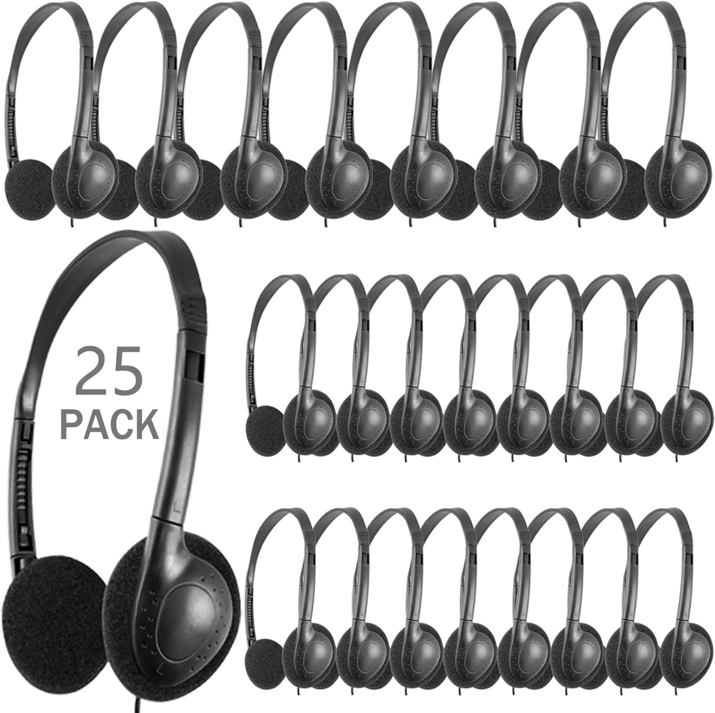 Bulk Kids Headphones for School Classroom - 25 Pack Black