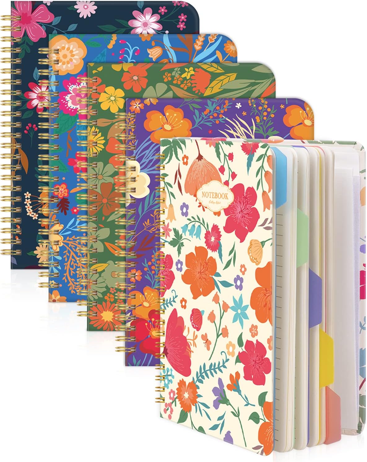 Dynta Floral Spiral Notebooks - 5 Subject College Ruled with Dividers, A5 Size - Organize Your Thoughts!