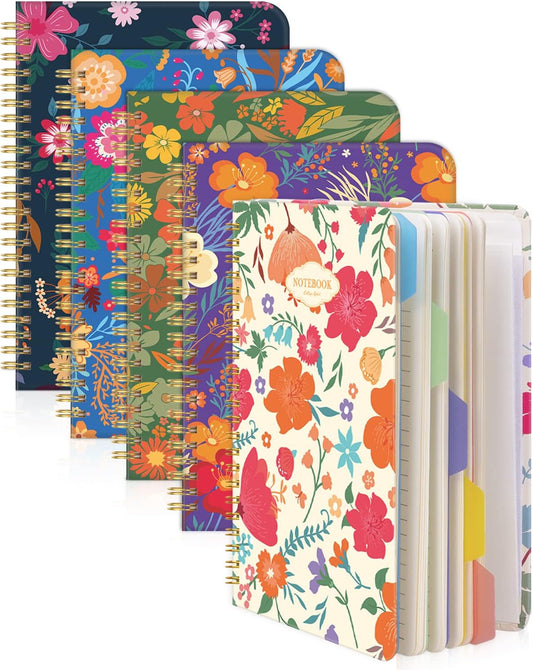 Dynta Floral Spiral Notebooks - 5 Subject College Ruled with Dividers, A5 Size - Organize Your Thoughts!