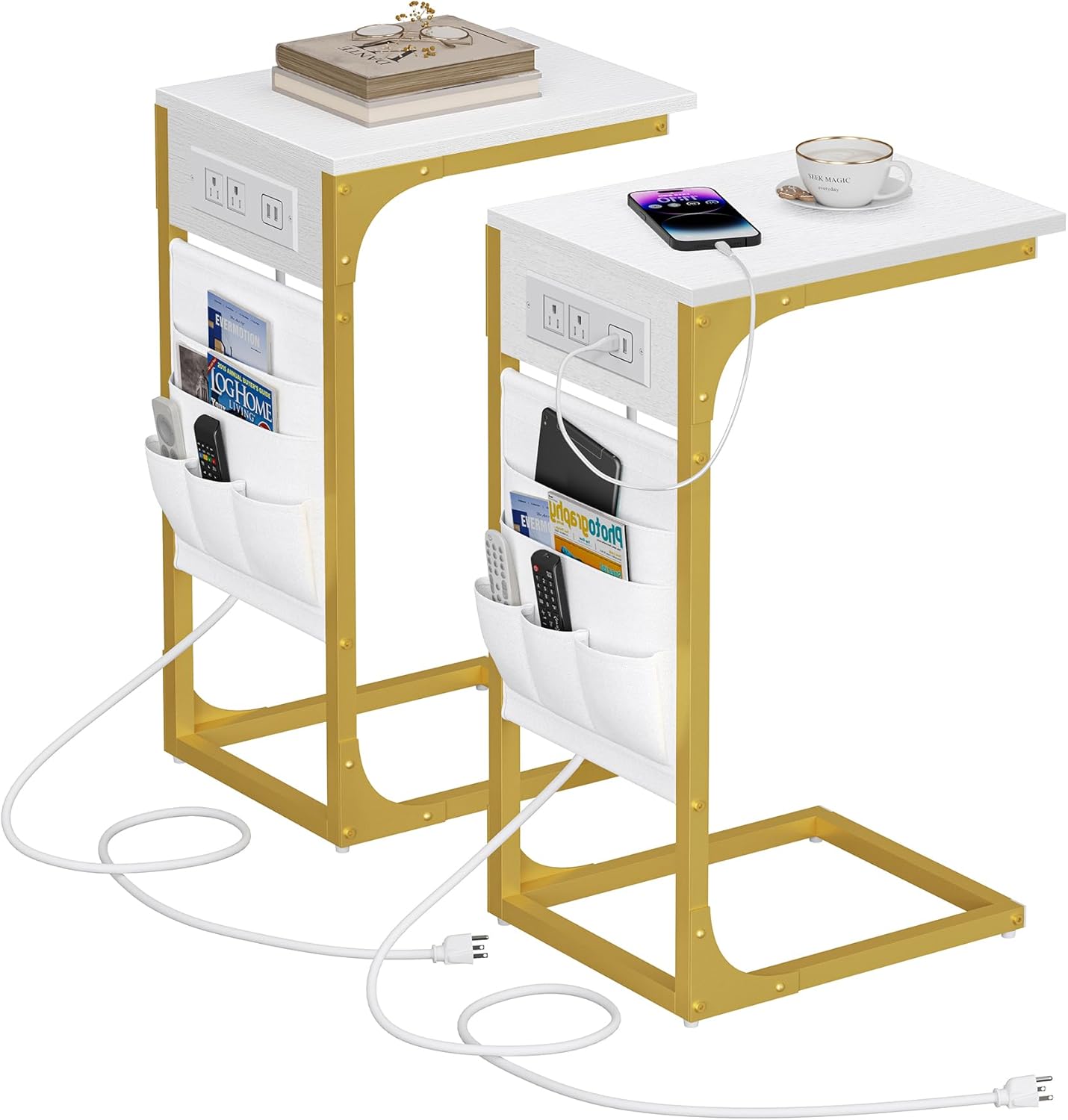 C Shaped End Table with Charging Station for Living Room Use