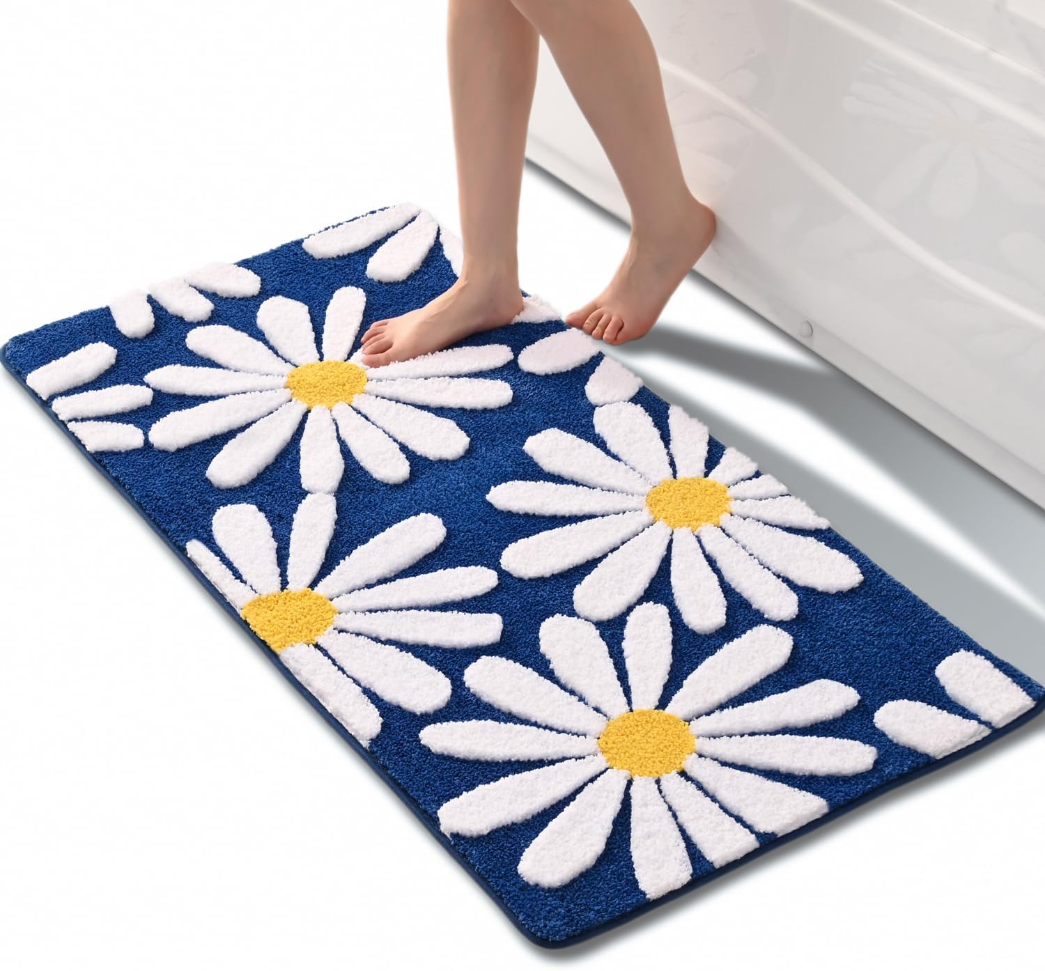Navy Blue Bathroom Rugs with Cute Daisy Design for Home Decor