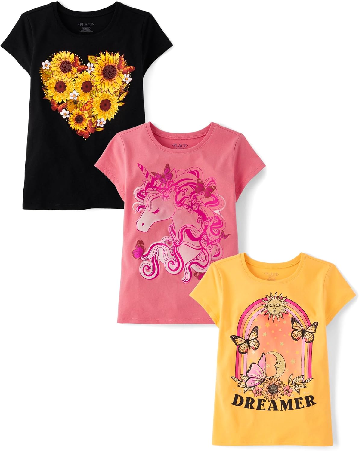 Unicorns and Butterflies Girls Graphic T-Shirts 3 Pack Set
