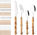 40PCS Bamboo Handle Flatware Set for 10 - Polished Stainless Steel