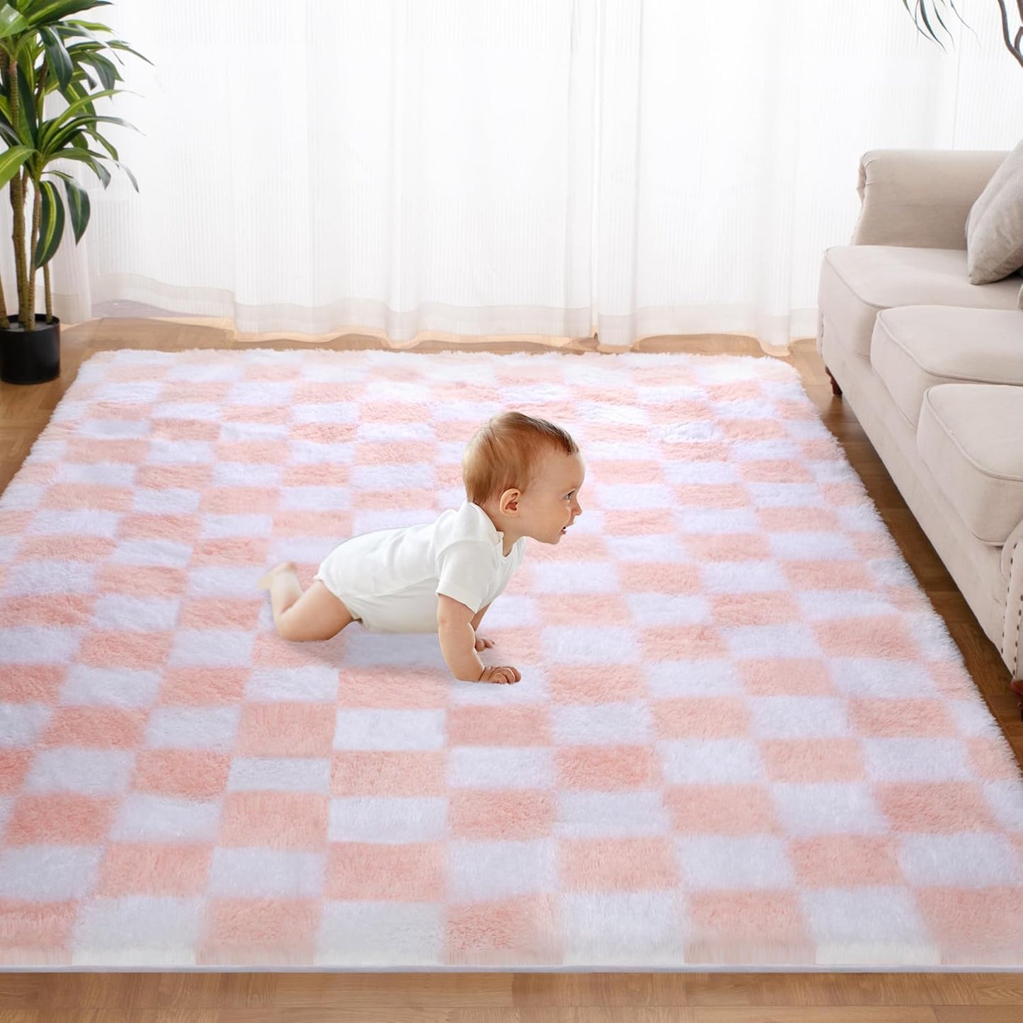 Super Soft Rug for Bedroom, 6x9 Ft Pink and White Area Rug