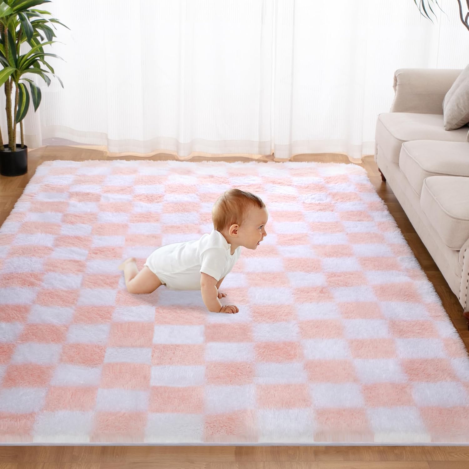 Super Soft Rug for Bedroom, 5x8 Ft Pink and White Area Rug