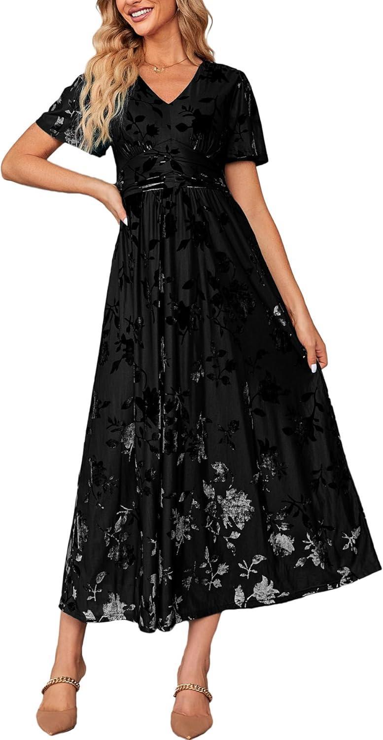 Elegant V Neck Velvet Maxi Dress for Weddings and Parties