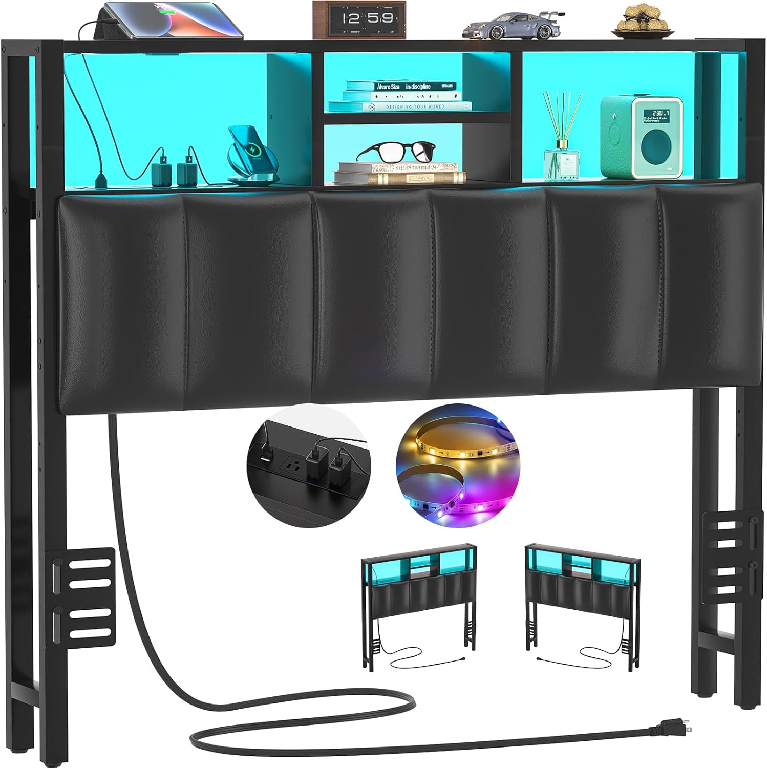 Aheaplus Twin Size Headboard with Storage and LED Light Features