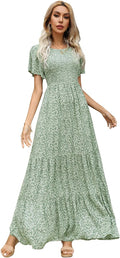 Kranda Women Summer Fall Crewneck Smocked Floral Maxi Dress