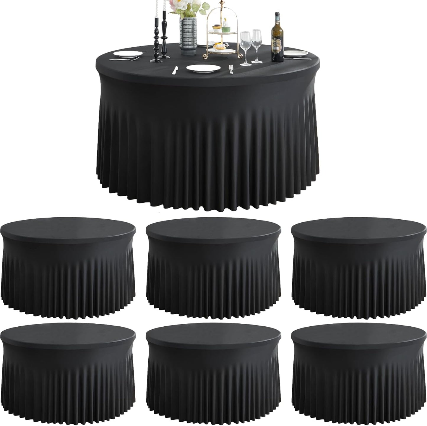6 Pack Black Round Spandex Tablecloth for 60 Inch Tables