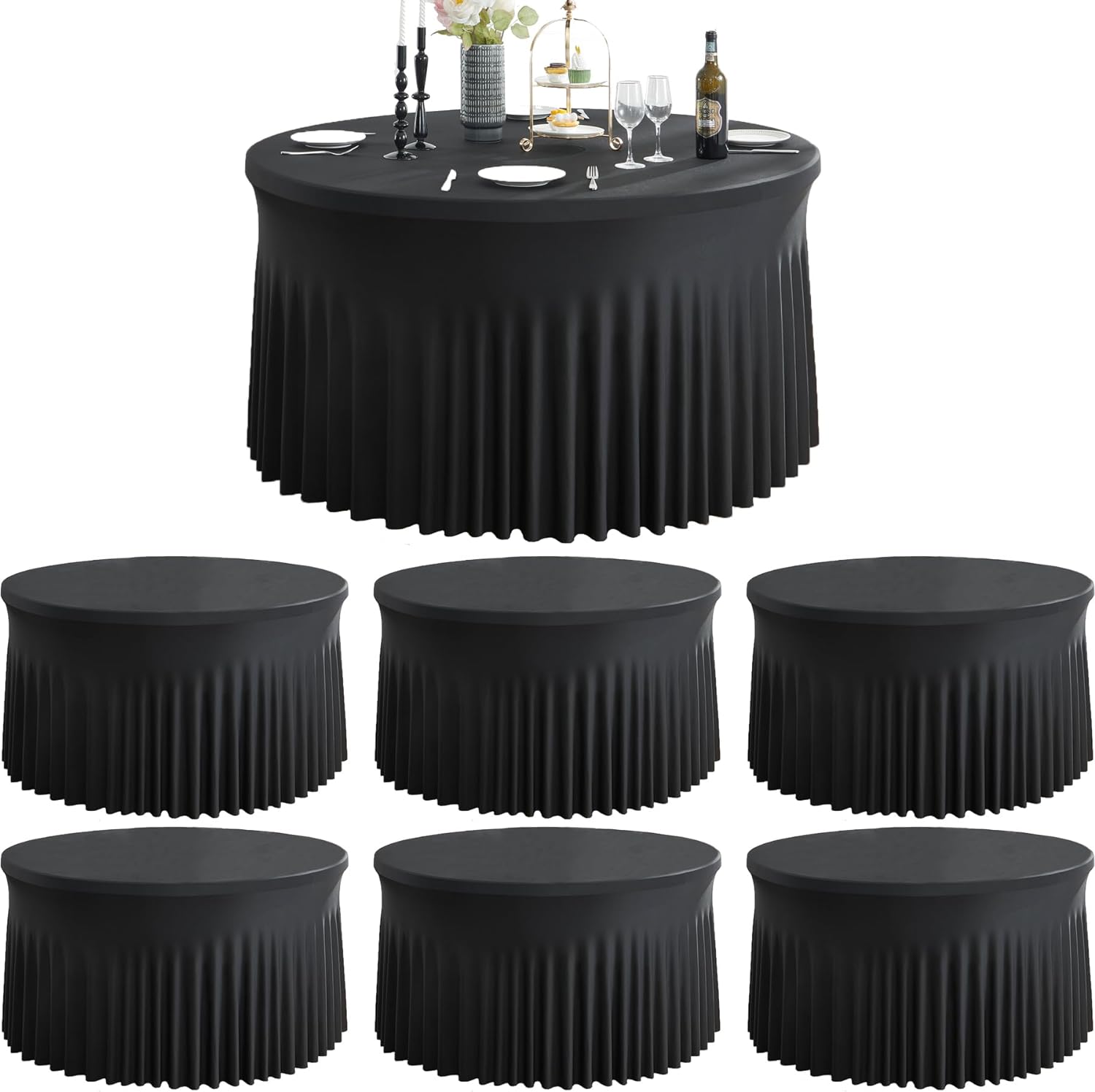 6 Pack Black Round Spandex Tablecloth for 60 Inch Tables