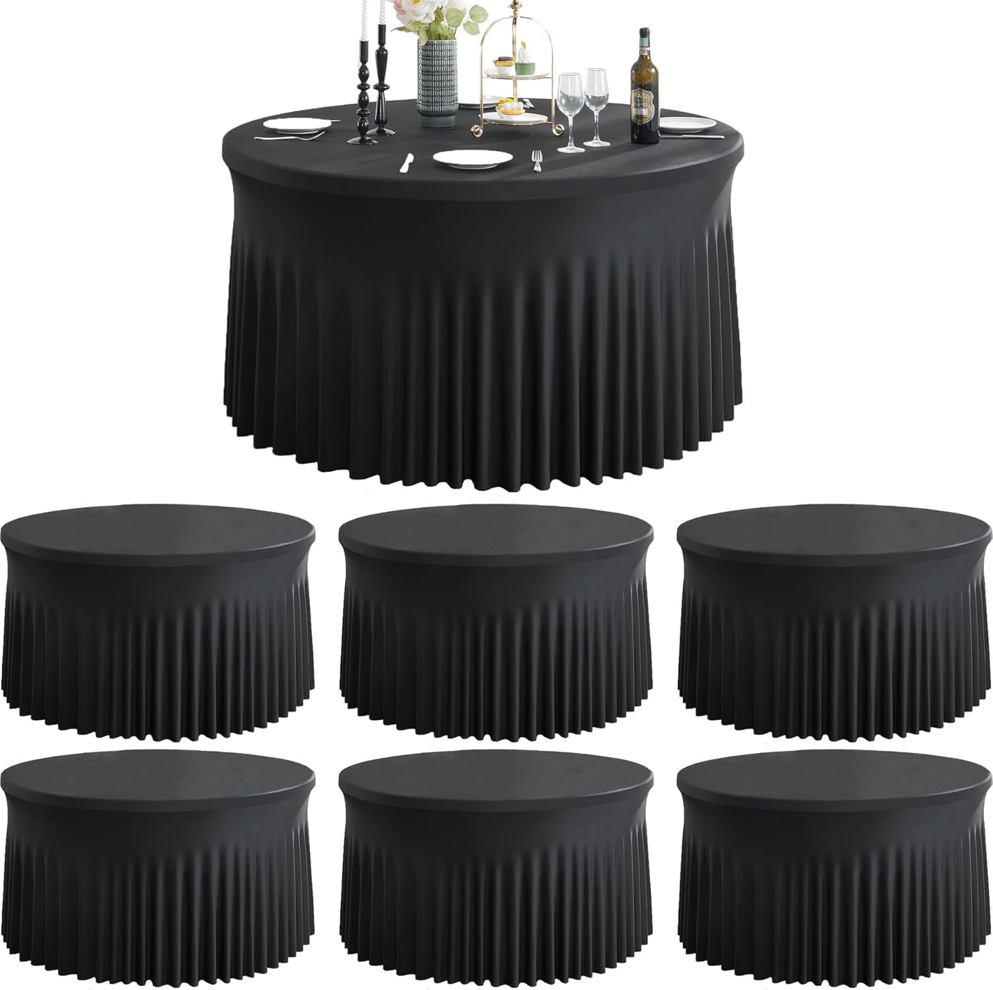 6 Pack Black Round Spandex Tablecloth for 72 inch Tables