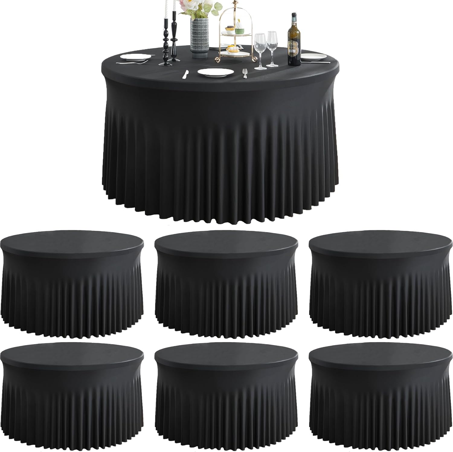 6 Pack Black Round Spandex Tablecloth for 72 inch Tables