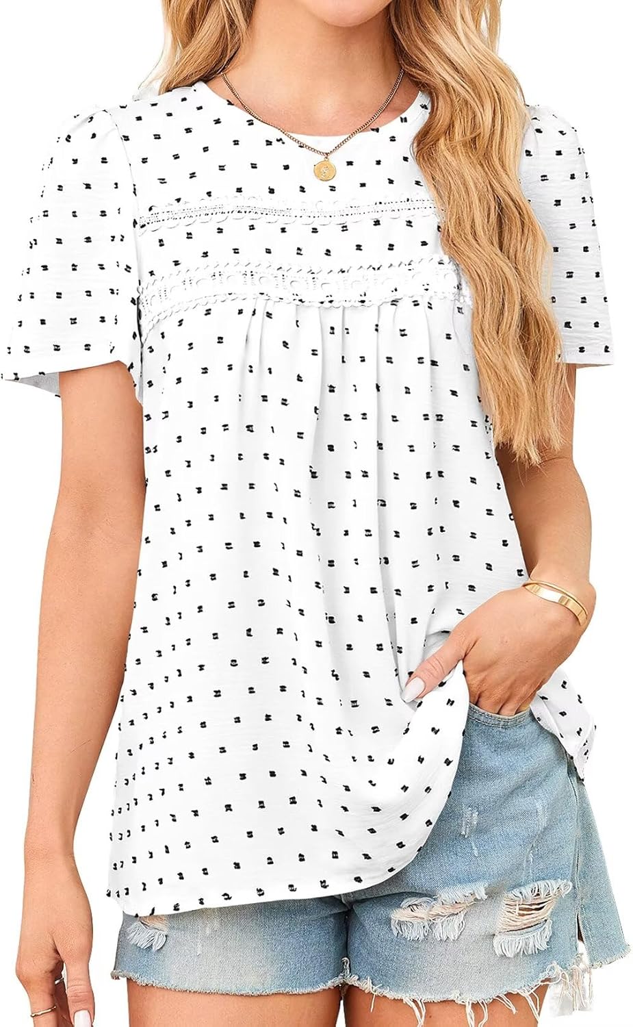 Womens Summer Tops Crewneck Short Sleeve Casual Chiffon Blouses
