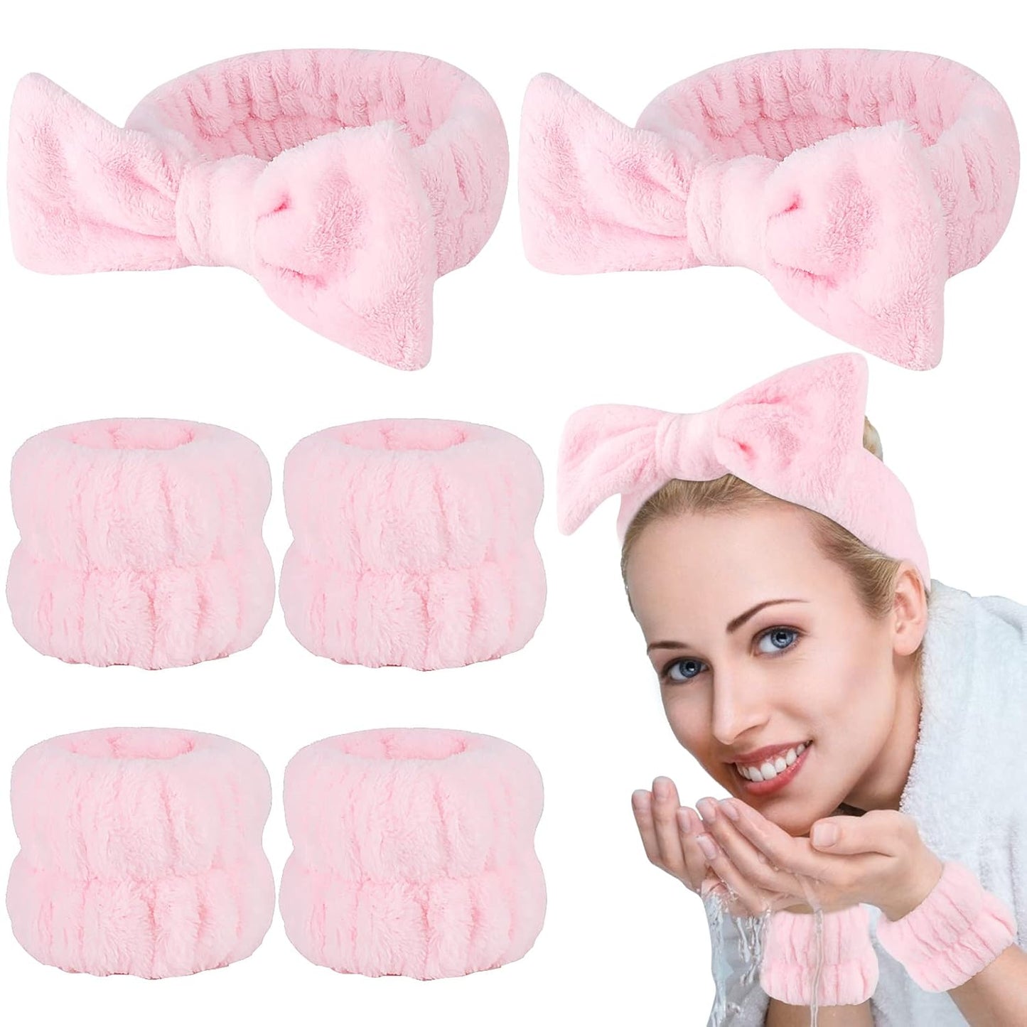 6 Pcs Pink Spa Headband & Wristband Set - Ultimate Comfort!